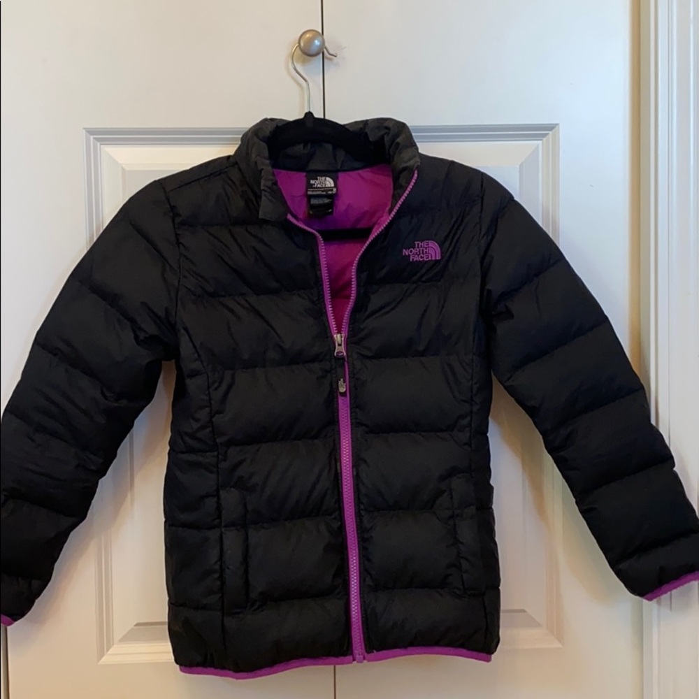 Black and Magenta North Face Puffy Jacket